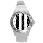 Vertical Stripes - White and Black Round Plastic Sport Watch (L)