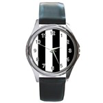 Vertical Stripes - White and Black Round Metal Watch