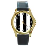 Vertical Stripes - White and Black Round Gold Metal Watch