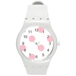 Polka Dots - Pink on White Round Plastic Sport Watch (M)