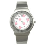 Polka Dots - Pink on White Stainless Steel Watch