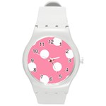 Polka Dots - White on Flamingo Pink Round Plastic Sport Watch (M)