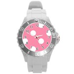 Polka Dots - White on Flamingo Pink Round Plastic Sport Watch (L)