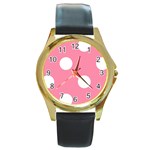 Polka Dots - White on Flamingo Pink Round Gold Metal Watch