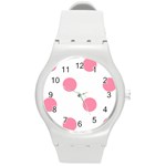 Polka Dots - Flamingo Pink on White Round Plastic Sport Watch (M)