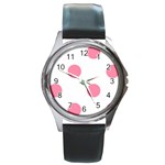 Polka Dots - Flamingo Pink on White Round Metal Watch