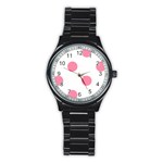 Polka Dots - Flamingo Pink on White Stainless Steel Round Watch