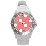 Polka Dots - White on Coral Pink Round Plastic Sport Watch (L)