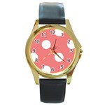 Polka Dots - White on Coral Pink Round Gold Metal Watch