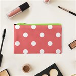 Polka Dots - White on Coral Pink Canvas Cosmetic Bag (XS)