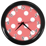 Polka Dots - White on Coral Pink Wall Clock (Black)