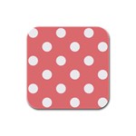 Polka Dots - White on Coral Pink Rubber Square Coaster (4 pack)