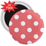 Polka Dots - White on Coral Pink 3  Magnet (10 pack)