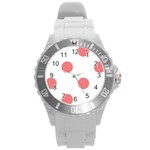 Polka Dots - Coral Pink on White Round Plastic Sport Watch (L)