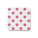 Polka Dots - Coral Pink on White Rubber Square Coaster (4 pack)