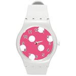 Polka Dots - White on Dark Pink Round Plastic Sport Watch (M)