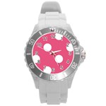 Polka Dots - White on Dark Pink Round Plastic Sport Watch (L)