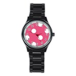 Polka Dots - White on Dark Pink Stainless Steel Round Watch