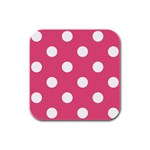 Polka Dots - White on Dark Pink Rubber Square Coaster (4 pack)