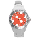 Polka Dots - White on Tomato Red Round Plastic Sport Watch (L)