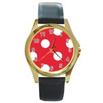Polka Dots - White on Alizarin Red Round Gold Metal Watch