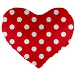 Polka Dots - White on Alizarin Red Large 19  Premium Flano Heart Shape Cushion