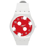 Polka Dots - White on Fire Engine Red Round Plastic Sport Watch (M)
