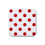 Polka Dots - Fire Engine Red on White Rubber Coaster (Square)