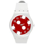 Polka Dots - White on Dark Candy Apple Red Round Plastic Sport Watch (M)