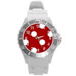 Polka Dots - White on Dark Candy Apple Red Round Plastic Sport Watch (L)