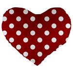 Polka Dots - White on Dark Candy Apple Red Large 19  Premium Flano Heart Shape Cushion