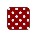Polka Dots - White on Dark Candy Apple Red Rubber Square Coaster (4 pack)