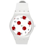 Polka Dots - Dark Candy Apple Red on White Round Plastic Sport Watch (M)