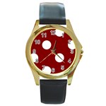 Polka Dots - White on Maroon Red Round Gold Metal Watch