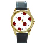 Polka Dots - Maroon Red on White Round Gold Metal Watch