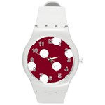 Polka Dots - White on Burgundy Red Round Plastic Sport Watch (M)