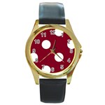 Polka Dots - White on Burgundy Red Round Gold Metal Watch