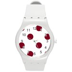 Polka Dots - Burgundy Red on White Round Plastic Sport Watch (M)