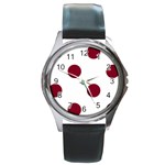 Polka Dots - Burgundy Red on White Round Metal Watch