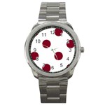 Polka Dots - Burgundy Red on White Sport Metal Watch