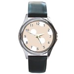 Polka Dots - White on Almond Brown Round Metal Watch