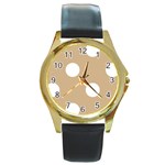 Polka Dots - White on Tan Brown Round Gold Metal Watch