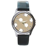 Polka Dots - White on Khaki Brown Round Metal Watch