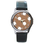 Polka Dots - White on French Beige Round Metal Watch