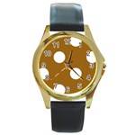 Polka Dots - White on Golden Brown Round Gold Metal Watch