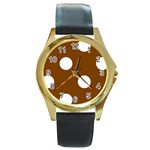 Polka Dots - White on Chocolate Brown Round Gold Metal Watch