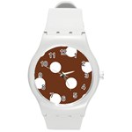 Polka Dots - White on Auburn Brown Round Plastic Sport Watch (M)