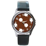 Polka Dots - White on Auburn Brown Round Metal Watch