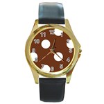 Polka Dots - White on Auburn Brown Round Gold Metal Watch
