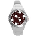 Polka Dots - White on Dark Sienna Brown Round Plastic Sport Watch (L)